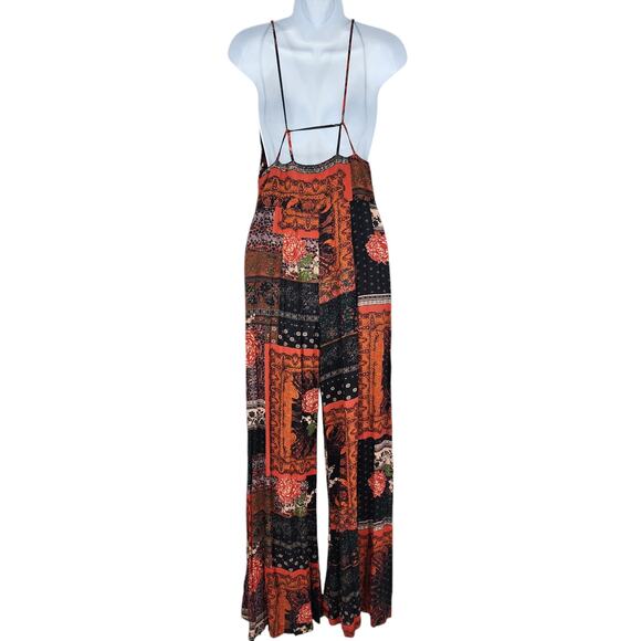 Free People Margarita Patchwork Strappy Back V-Neck Wide Leg Jumpsuit Size 4 - Picture 6 of 7